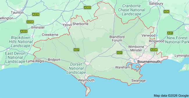 dorset map | Regional map of Dorset coast from Weymouth to Bournemouth, showing towns (Bridport, Swanage, Wareham) and major roads like A37 and A31 near the coast.