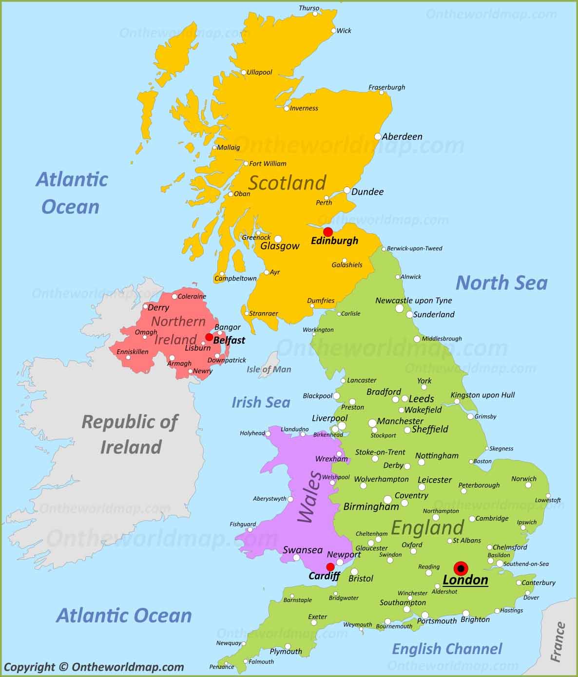 map_UK | Map of the UK and Ireland with Scotland in yellow, England in green, Wales in purple, Northern Ireland in red and major cities labeled in each region.